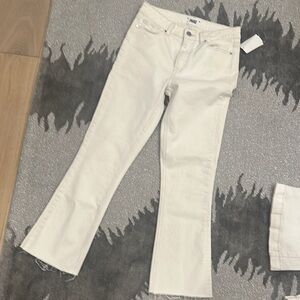 White Flare Wide Leg Jeans with Clean Hem and Subtle Texture